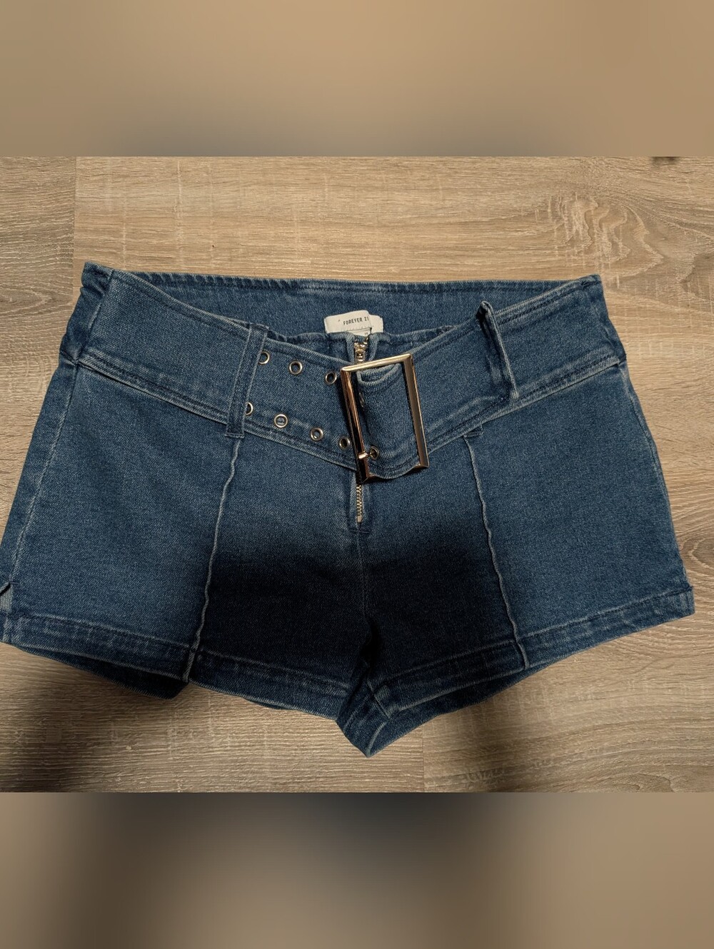Forever 21 Dark Blue Denim Belted High-Rise Shorts